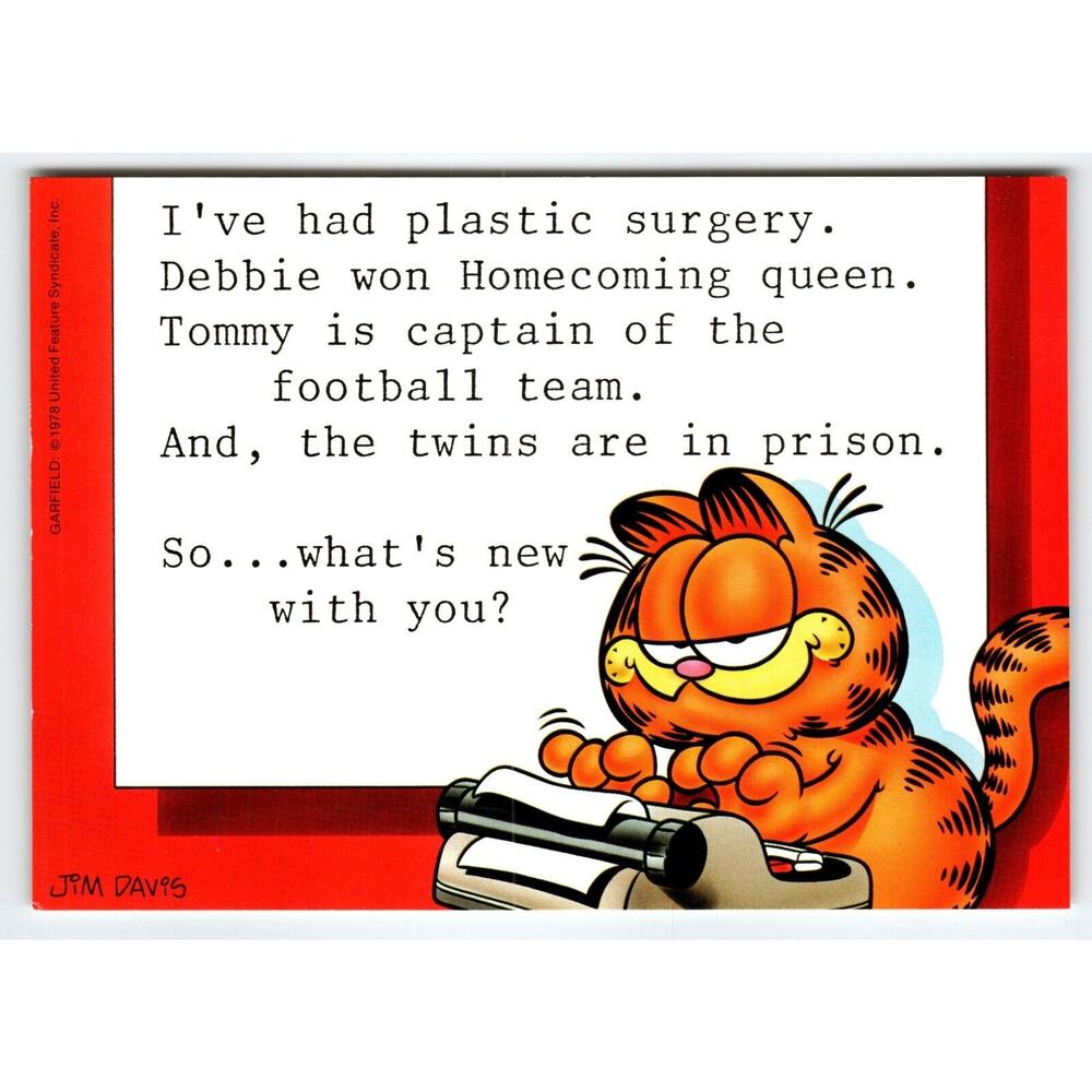 Garfield Cat Postcard Typing Messages Jim Davis Comic Orange Tabby 1978 Comical